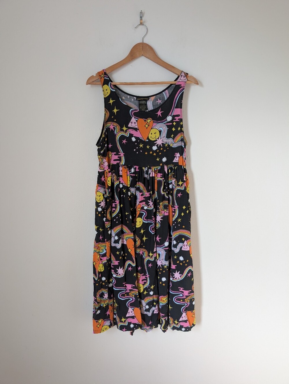 Nooworks Black Multicolor Smiley Face Rainbow Heart Print Naomi Rayon Midi Dress